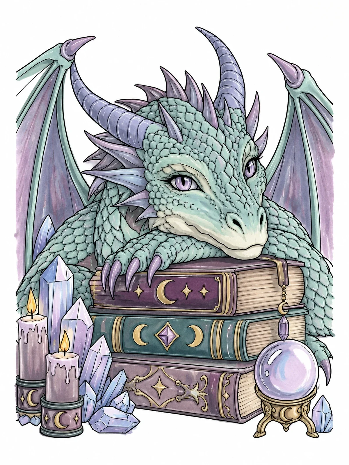 Colored example of the Dragon Resting On Spell Books coloring page