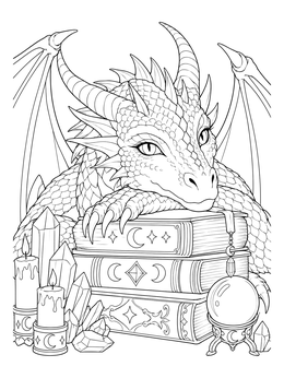 A gentle dragon resting on magic books on this pastel goth coloring page.