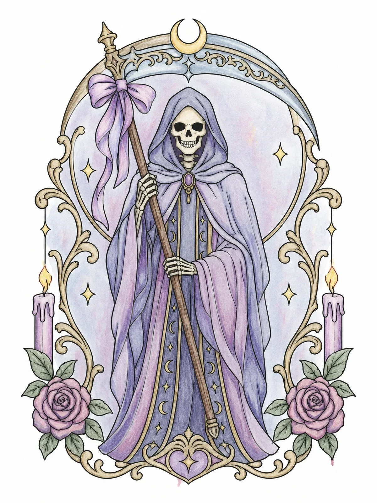 Colored example of the Pastel Goth Grim Reaper With Scythe coloring page
