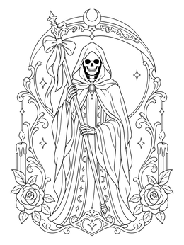 A decorative pastel goth coloring page featuring a hooded grim reaper holding a ribbon-tied scythe.