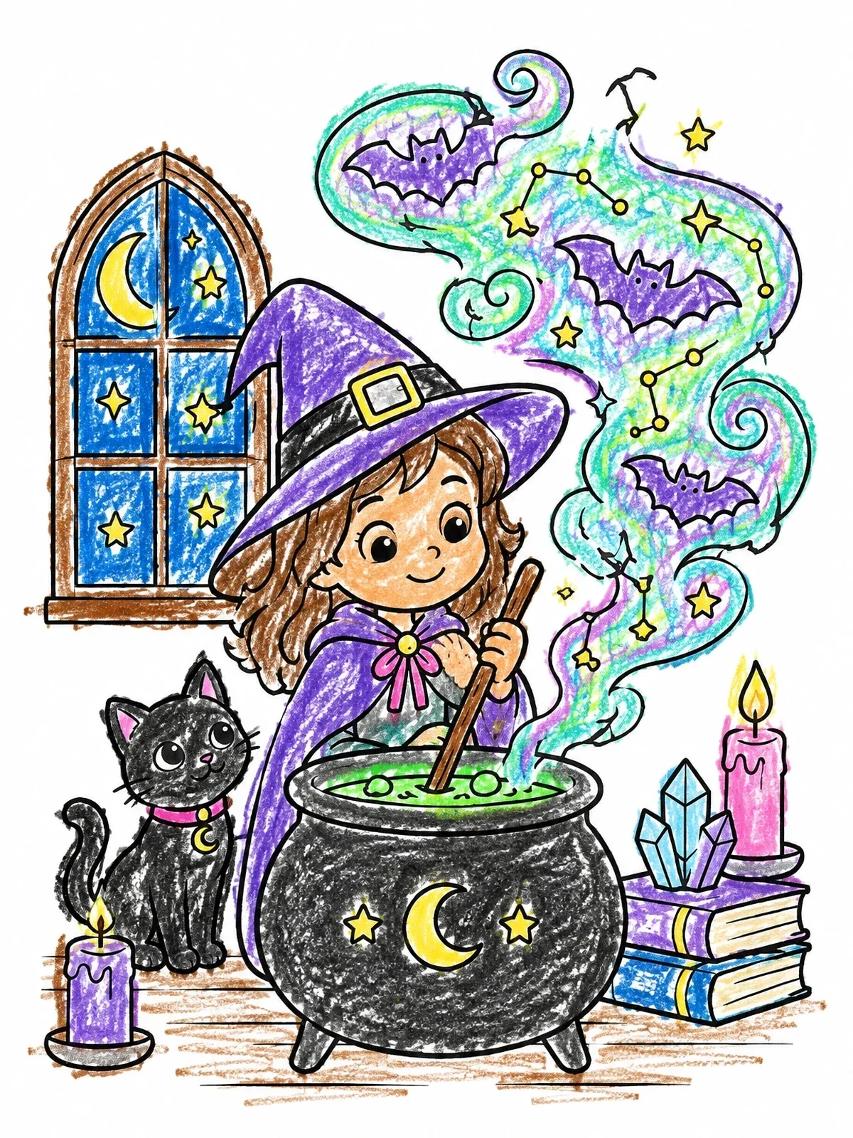 Colored example of the Little Witch And Magic Cauldron coloring page