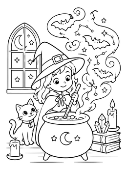 Free printable Little Witch And Magic Cauldron coloring page