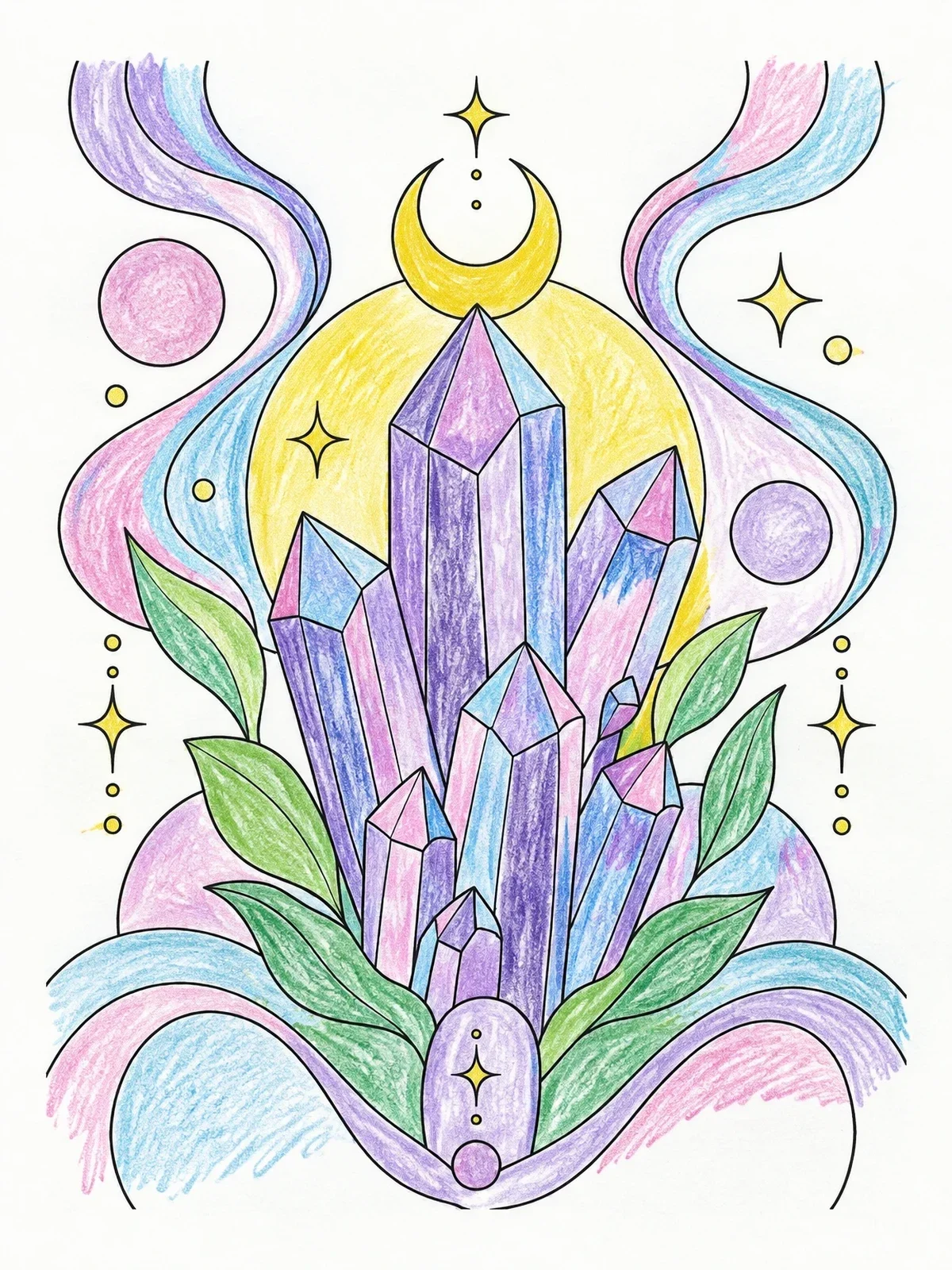 Colored example of the Mystical Crystal Cluster And Moon coloring page