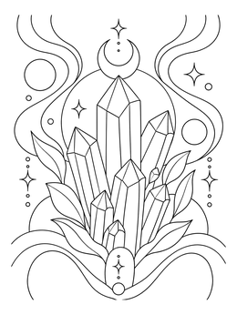 A pastel goth coloring page showing a quartz crystal cluster with celestial moon and star accents.