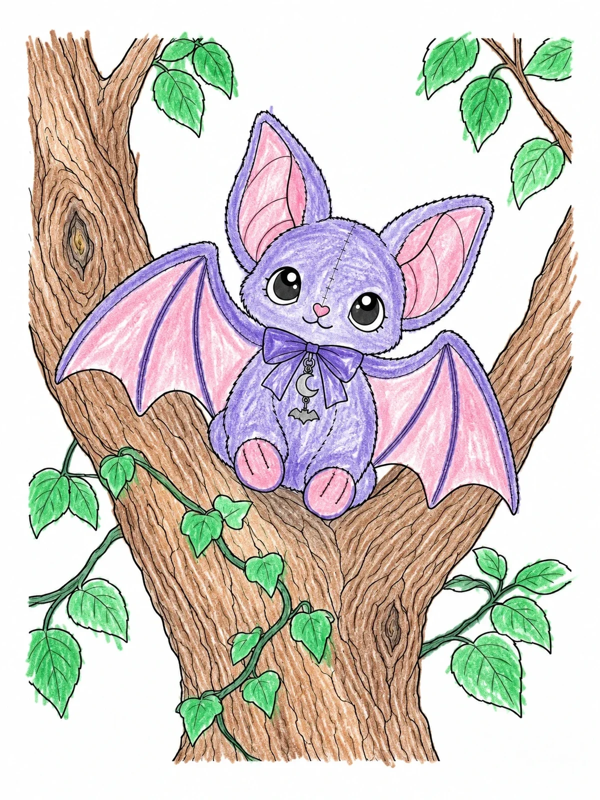 Colored example of the Cute Plush Bat In A Tree coloring page
