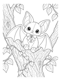 A cute bat plushie resting in an old tree on this pastel goth coloring page.
