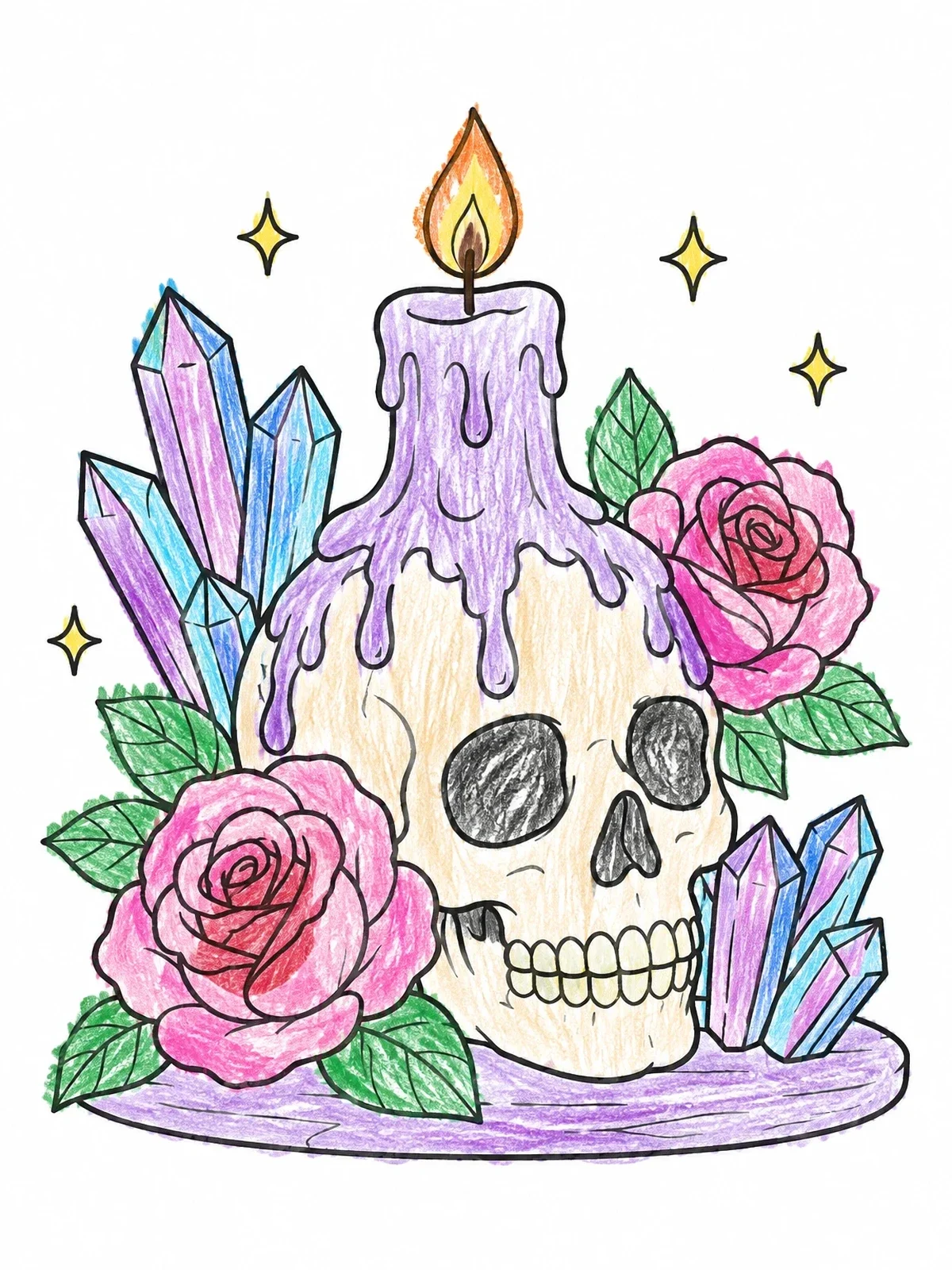 Colored example of the Skull Candle With Crystals And Roses coloring page