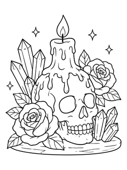 Free printable Skull Candle With Crystals And Roses coloring page