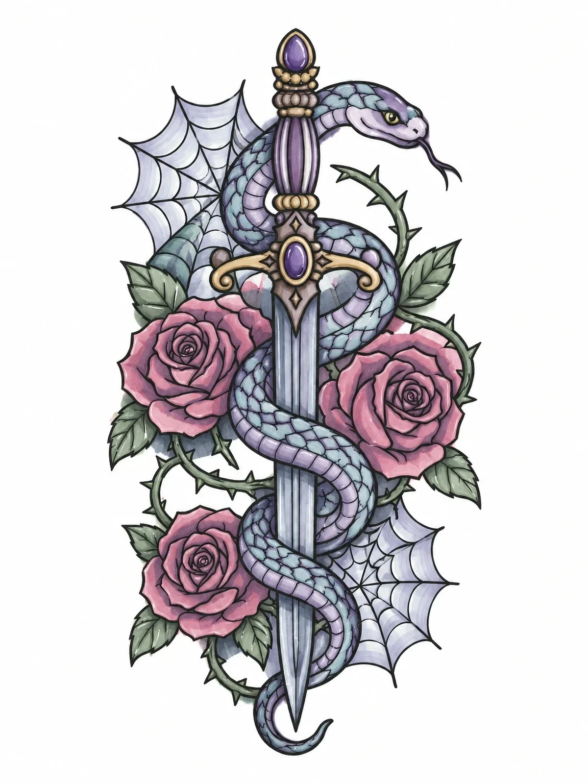 Colored example of the Snake And Dagger With Roses coloring page