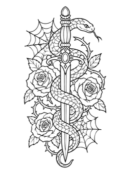 A serpent coiled around a dagger in this pastel goth coloring page with roses and spiderwebs.