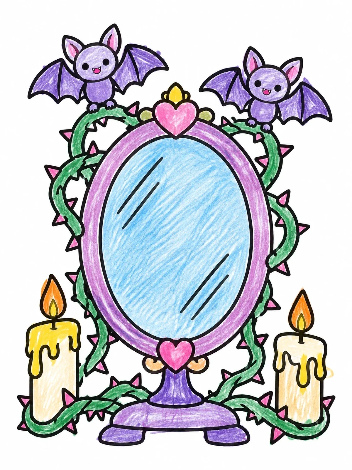 Colored example of the Spooky Mirror With Bats And Candles coloring page