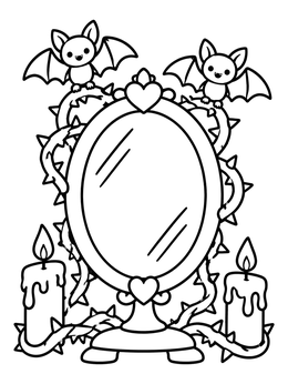 A magical pastel goth coloring page showing an ornate thorn mirror, cute bats, and candles.
