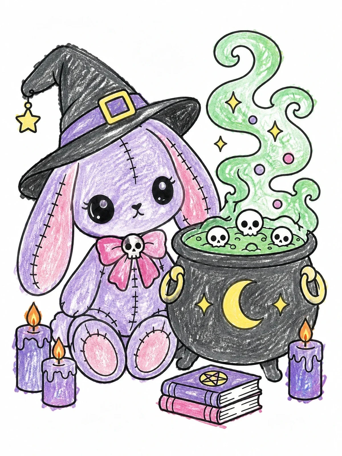 Colored example of the Stitched Bunny Witch With Cauldron coloring page