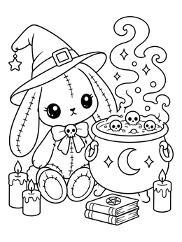 A stitched bunny in a witch hat next to a bubbling cauldron in this pastel goth coloring page.
