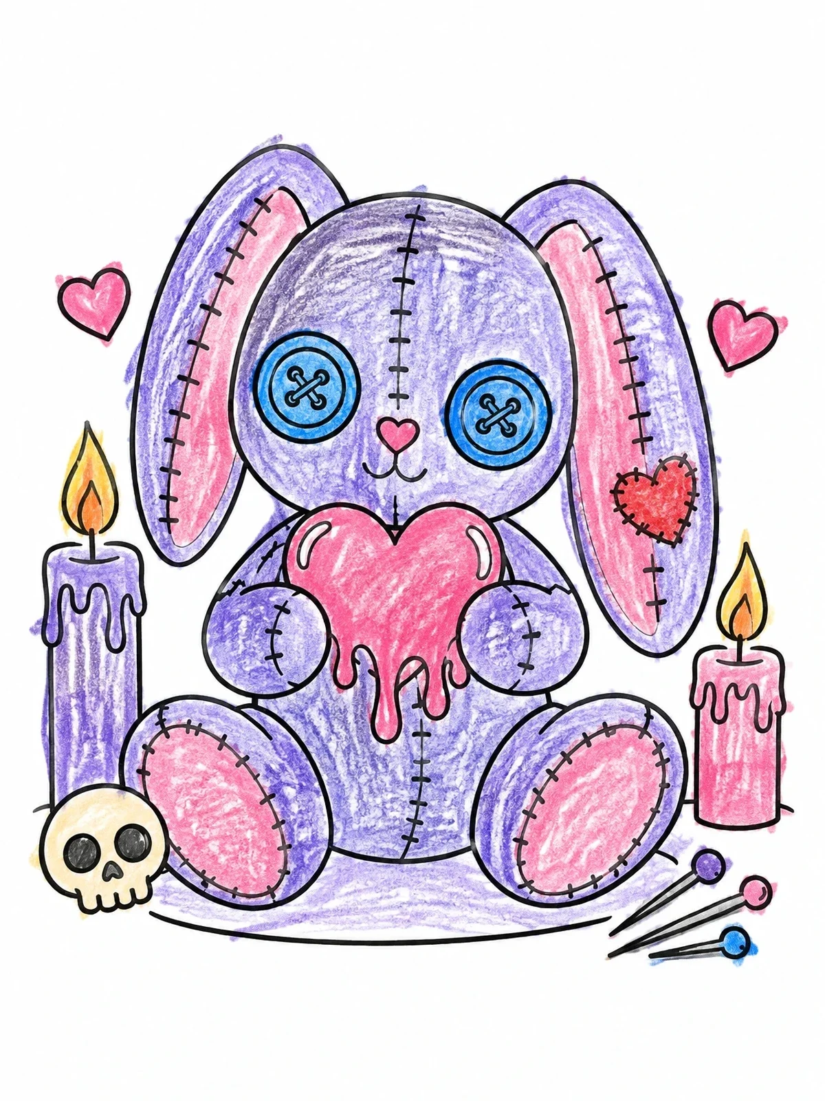 Colored example of the Stitched Plush Bunny With Melting Heart coloring page