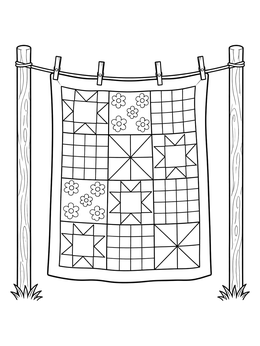 A patterned patchwork quilt coloring page hanging on a clothesline between two wooden posts.