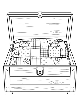 Two folded blankets rest in an open wooden chest in this cozy quilt coloring page.