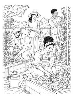 Gardeners tending crops outdoors in this peaceful patience coloring page.