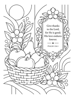 A peaceful patience coloring page featuring a woven basket of fruit and an ornate Scripture frame.