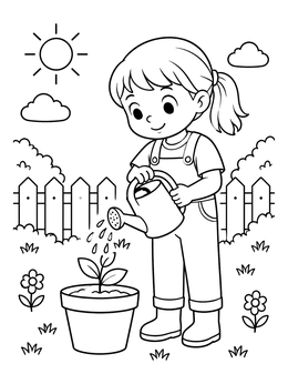 Free printable Young Girl Watering Potted Plant coloring page