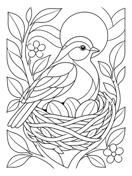 A peaceful bird rests on eggs in this patience coloring page among leafy branches.