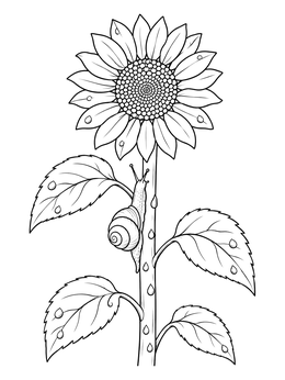 A small snail steadily climbs a blooming sunflower stem in this patience coloring page.