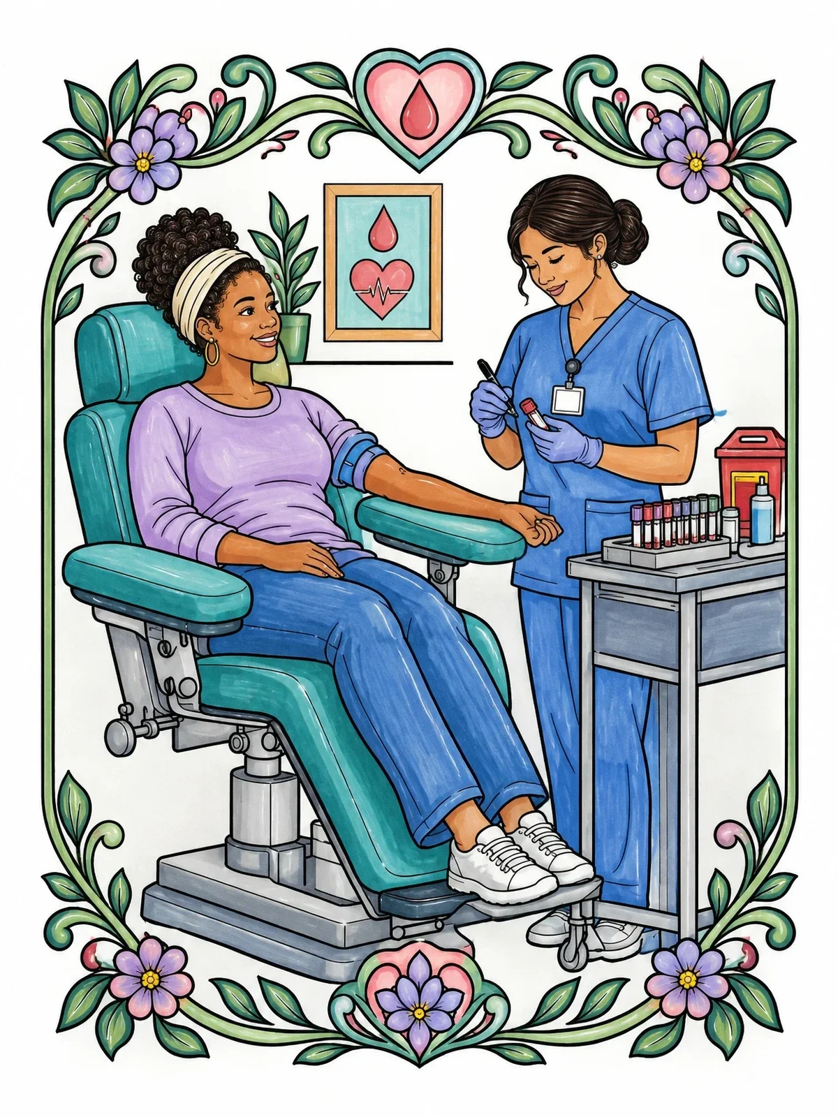 Colored example of the Patient And Nurse In Phlebotomy Room coloring page