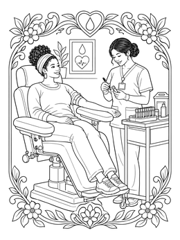 A woman relaxes in an arm chair on this phlebotomy coloring page while a nurse prepares vials.