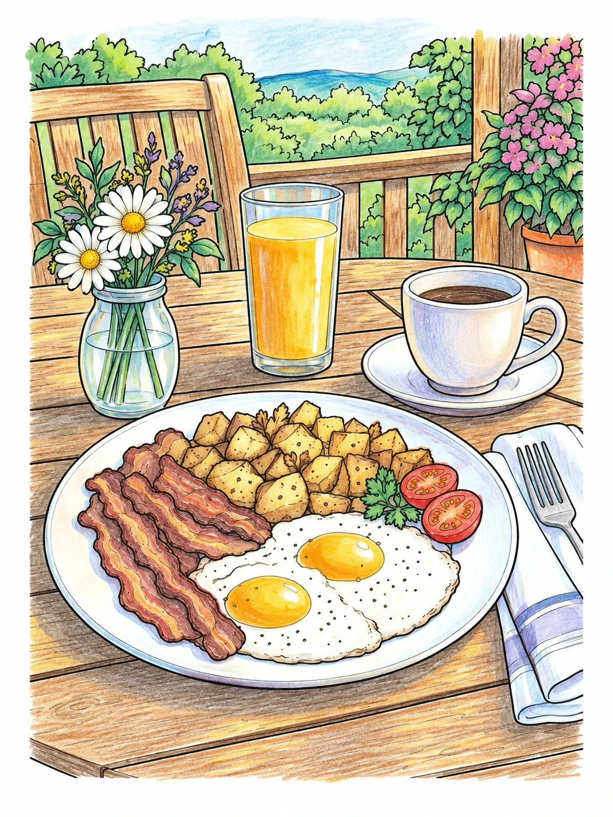Colored example of the Sunny Patio Breakfast Plate coloring page