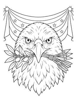 A detailed bald eagle coloring page holding an olive branch and arrows in its beak.