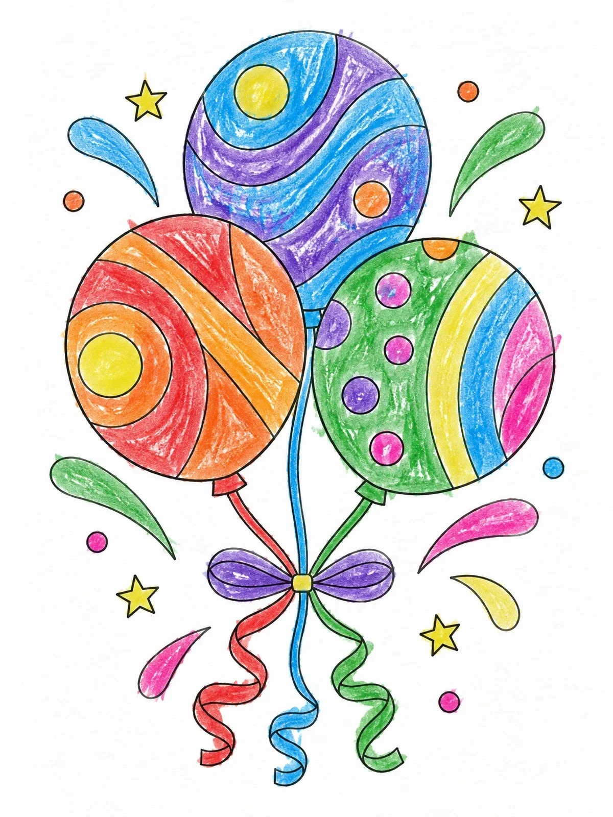 Colored example of the Patterned Birthday Balloons Bouquet coloring page