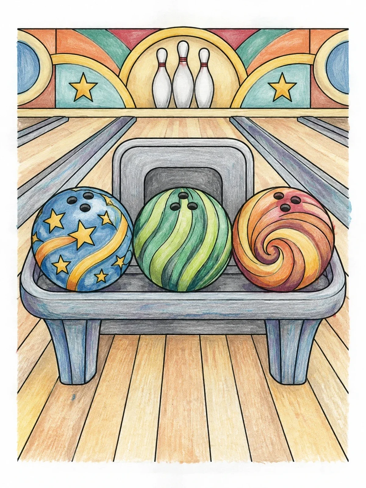 Colored example of the Patterned Bowling Balls On Alley Rack coloring page