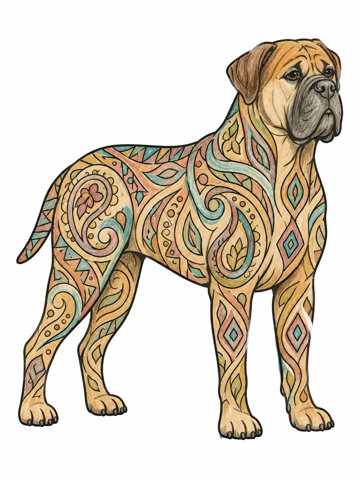 Colored example of the Patterned Bullmastiff In Profile coloring page