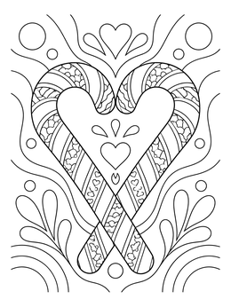An ornate candy cane heart coloring page with patterned stripes and flowing shapes.