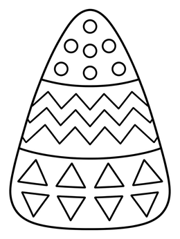 Geometric candy corn coloring page featuring circles, zigzags, and triangles.