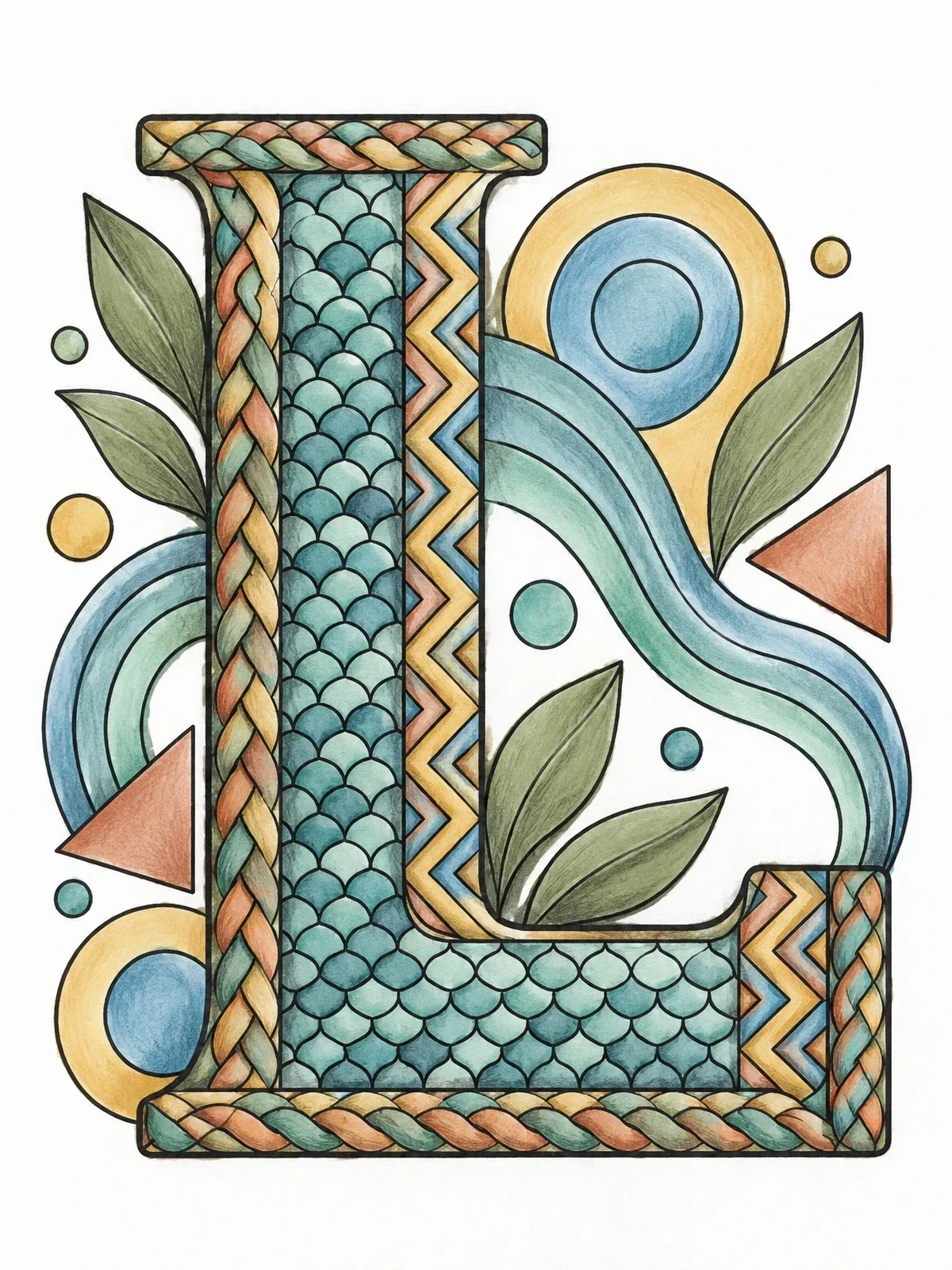 Colored example of the Patterned Capital Letter L coloring page