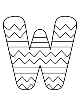 A bold capital letter W coloring page decorated with zigzags and stripes.