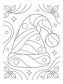 Decorated holiday hat in this festive santa hats coloring page with holly leaves and stars.