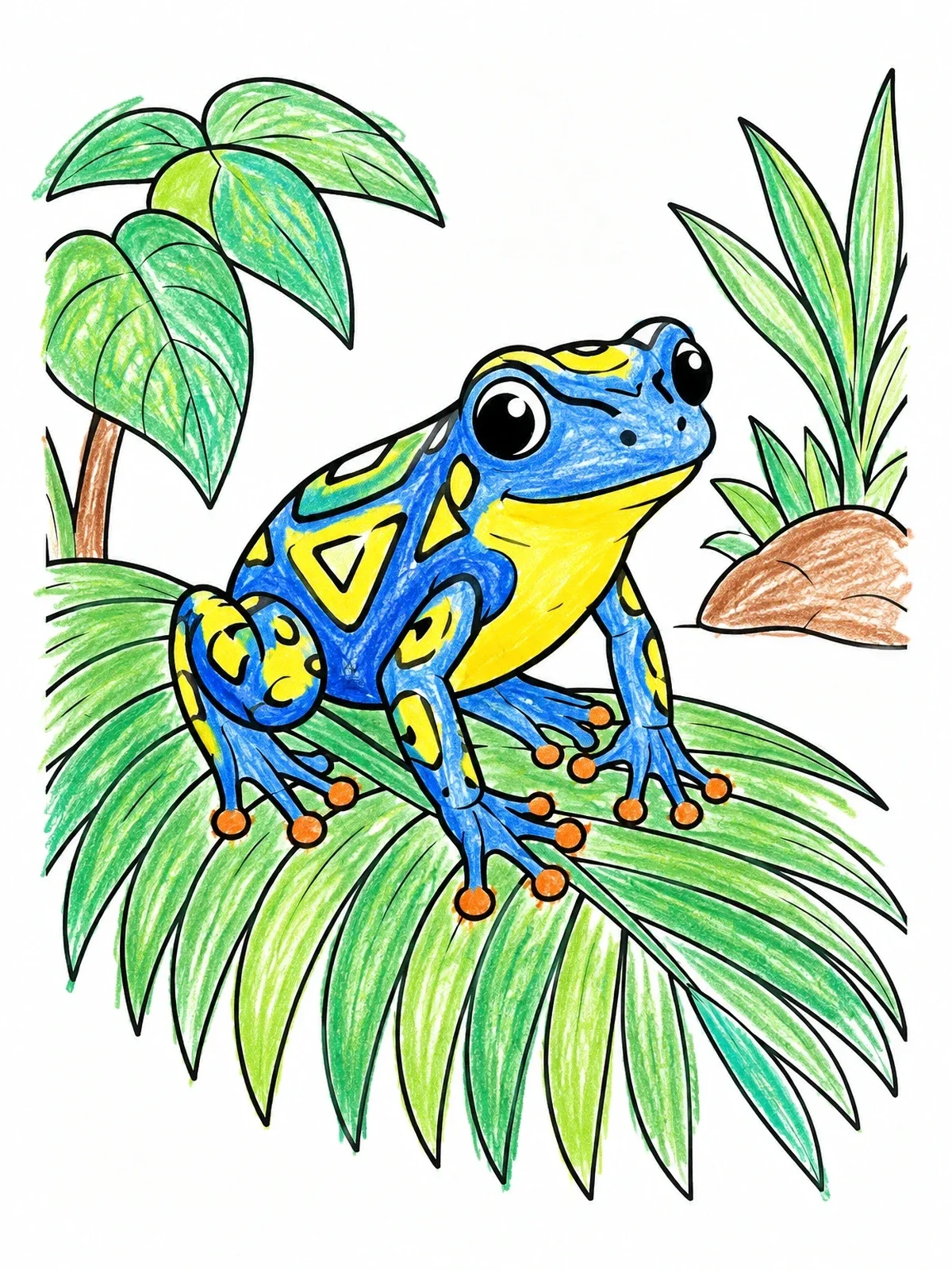 Colored example of the Patterned Dart Frog On Palm Frond coloring page