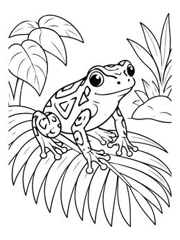 A cute patterned frog coloring page resting atop a large tropical palm frond.