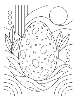 A detailed dinosaur egg coloring page resting in a stylized nest with abstract background elements.