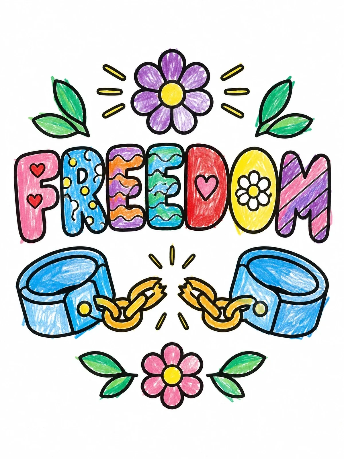 Colored example of the Patterned Freedom Word With Broken Chains coloring page