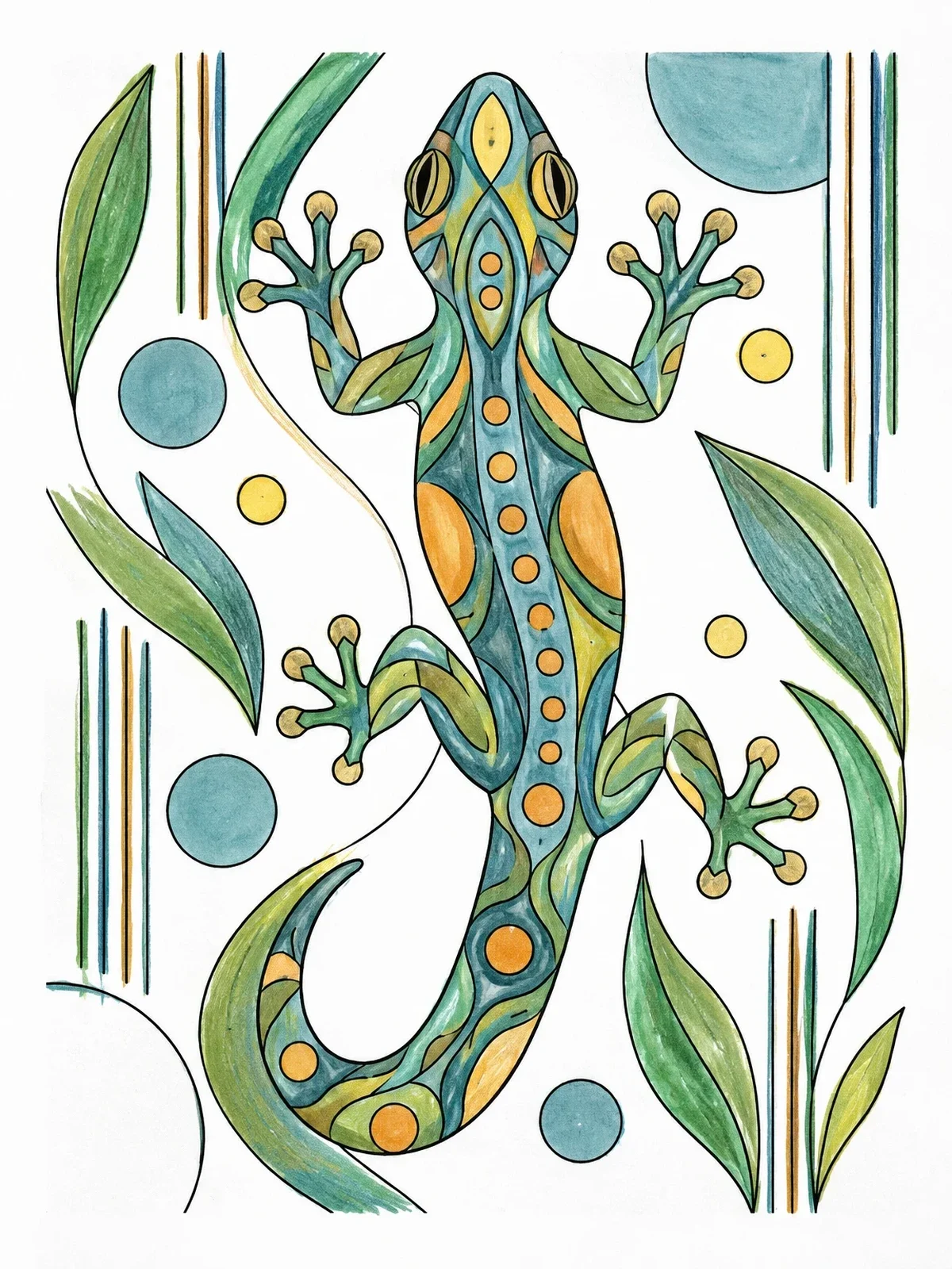 Colored example of the Patterned Gecko On Leaves coloring page