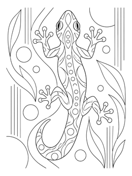 A decorative gecko coloring page featuring intricate patterns and tropical leaves.