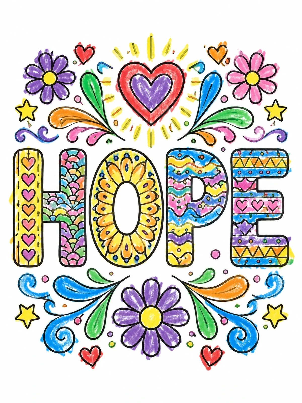 Colored example of the Patterned Hope Word With Flowers coloring page