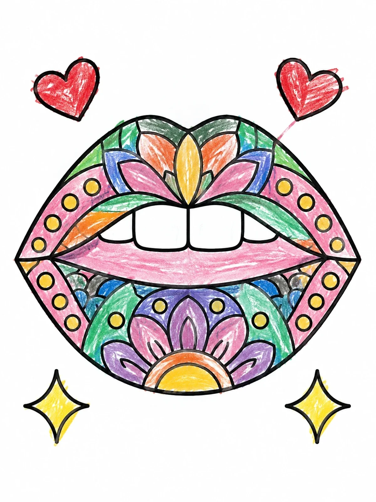 Colored example of the Patterned Mandala Lips With Hearts coloring page