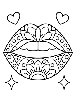 Free printable Patterned Mandala Lips With Hearts coloring page