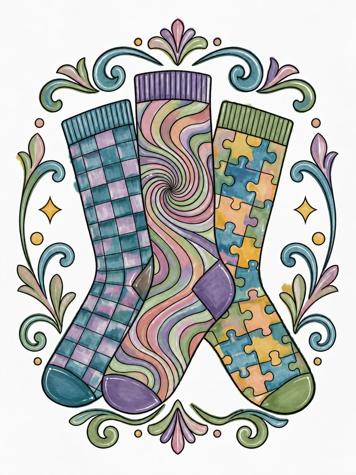 Colored example of the Patterned Novelty Socks In Ornamental Frame coloring page