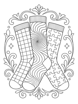 Three patterned socks with grids, swirls, and puzzles inside a decorative frame on this socks coloring page.