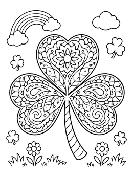 Free printable Patterned Shamrock With Rainbow And Clouds coloring page